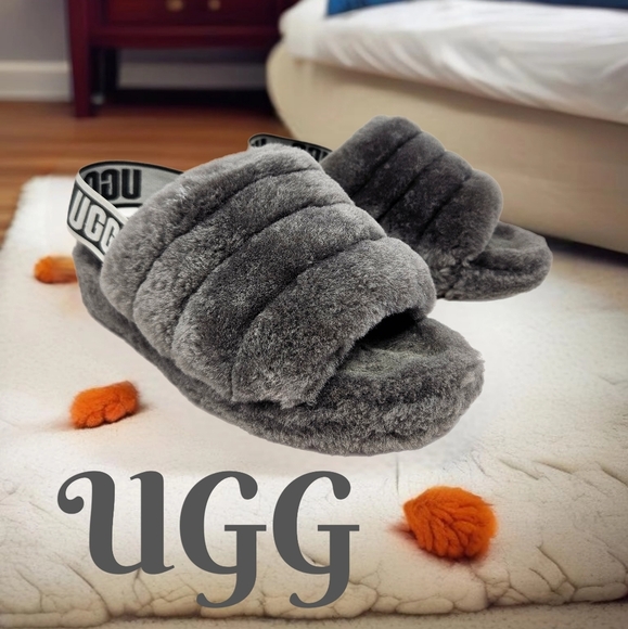 Ugg Womens Fur Slide Gray Fluff Yeah Sz 6 Sheepskin Elastic Heel Logo - Picture 1 of 12